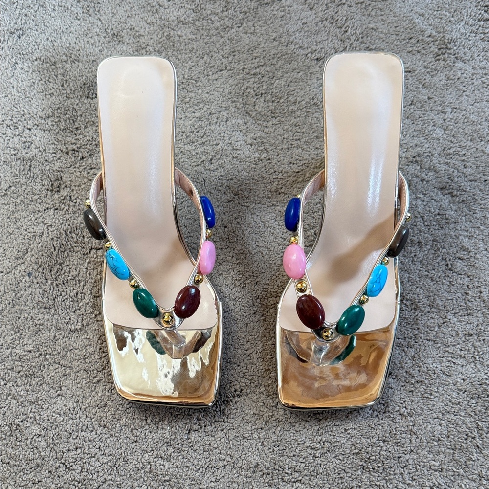 SHEIN Gold Slide Heels with Multicolor Bead Accents